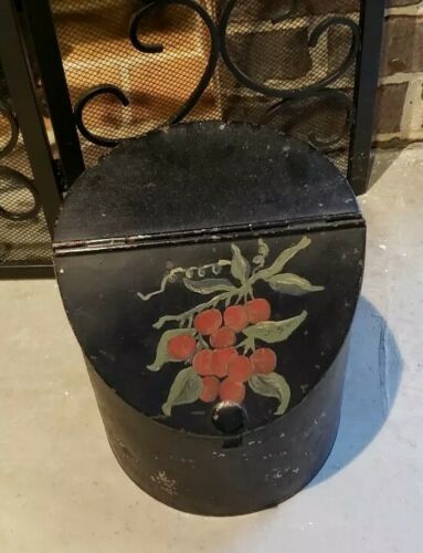 Vintage Metal Hinged Lid Fatwood Or Ashes Painted Container Hearth Accessory