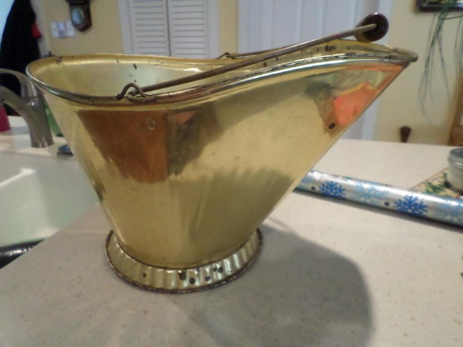 Vintage Ash Brass Plated Fireplace Bucket (60's) Metal With Wooden Handle