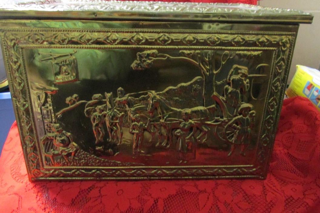 Vintage Colonial Trunk Brass Coal Box Wood Kindling, Inn scene and horses