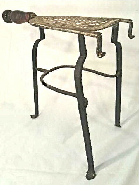 Antique Standing Trivet Brass Wrought Iron Wood Handle Hearth Stand Tripod