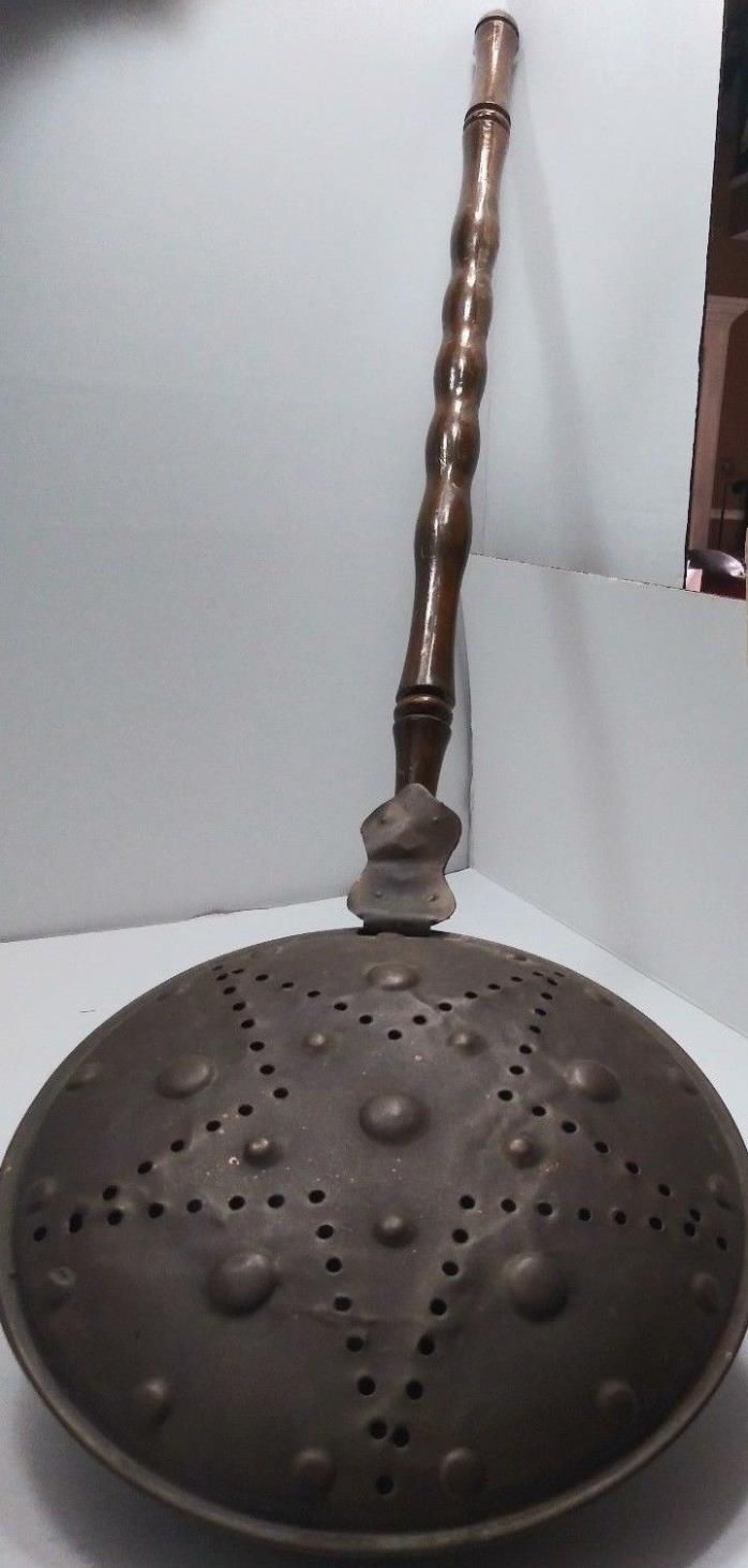 Antique  Copper and Brass Bed Warmer ,Turned Wood Handle ** Original 35