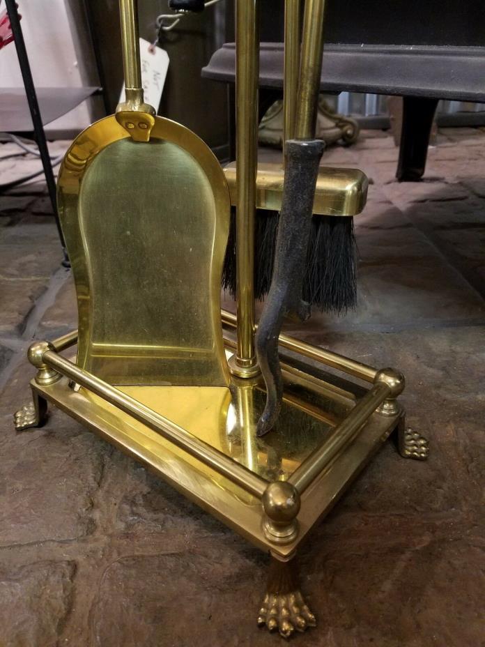 Vintage SOLID BRASS fireplace tools & rack with feet 28”