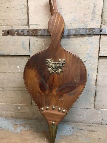Vintage Wood & Leather Fireplace Bellows With Pine cone Decoration