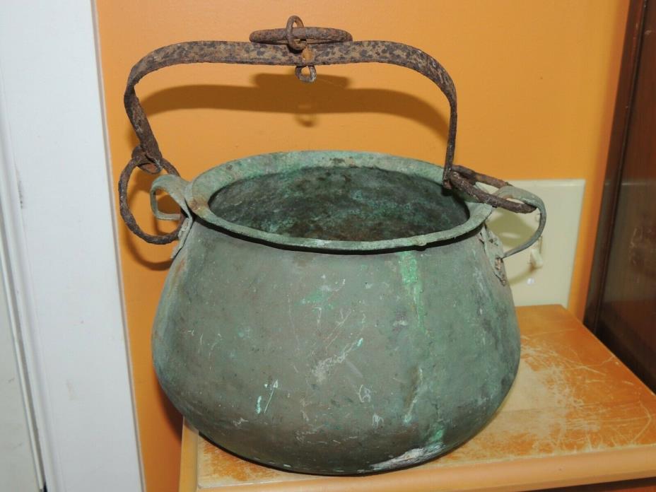 Antique Copper Cauldron Cooking Pot Fireplace hearth primitive rustic patina