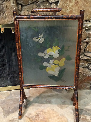 ANTIQUE VINTAGE VICTORIAN BAMBOO FIRESCREEN FIREPLACE HAND PAINTED OIL FLOWERS