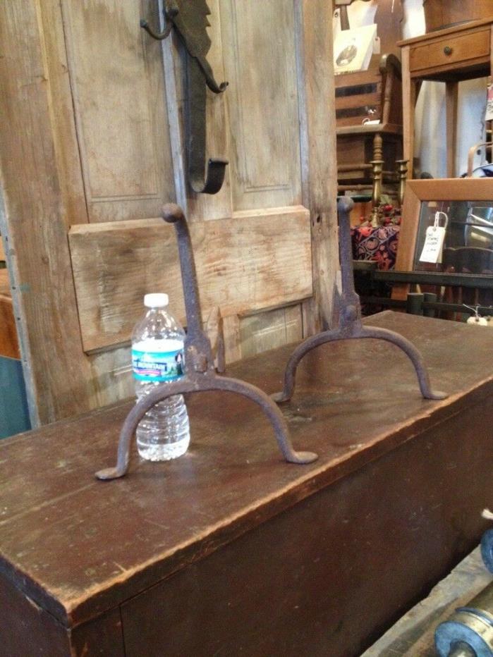 PR Antique Early Primitive Fireplace Hearth Iron Andirons Firedogs Hand Forged