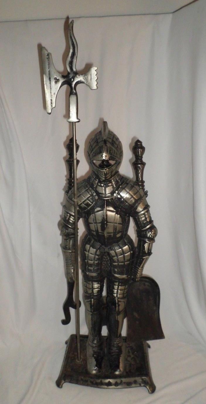 Cast Iron Knight Medieval Suit Of Armor Sword  Fire Place Tools Holder Vintage