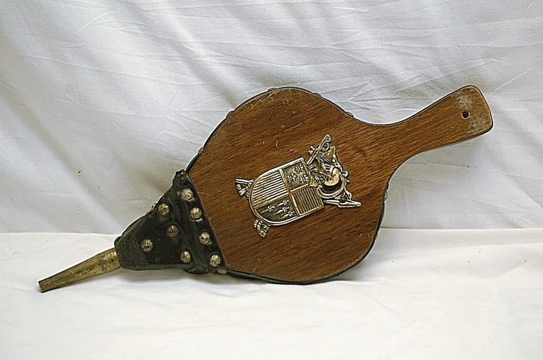 Old Vintage Bellows Wood & Leather Fireplace Tool Brass Crest Home Hearth Decor