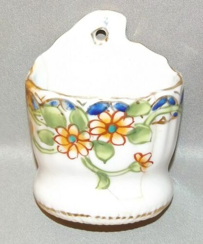 Antique Porcelain Wall Mount Match Holder Pocket w/ Hand-Painted Flower Design