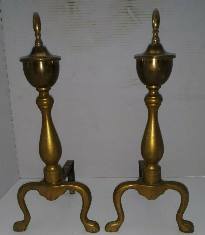 VINTAGE BRASS FIREPLACE ANDIRONS With Cast Iron Support Legs