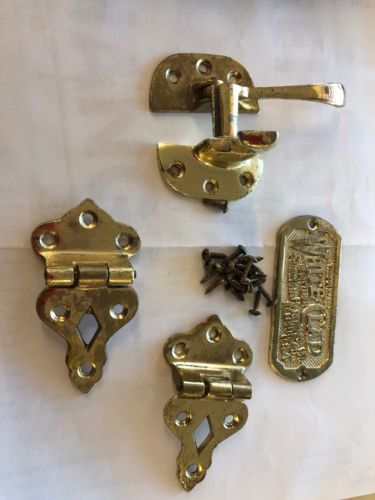 White Clad Ice Box Hardware - Brass Name Plate - 2 Hinges - 1 Latch For door