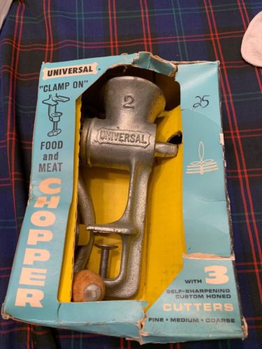 Vintage Universal No. 2 Food and Meat Chopper Grinder with Wooden Handle and Box