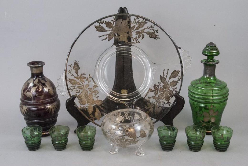 Old Sterling Inlay Glass Tray, Footed Serving Bowl, Vases & Shotglasses VGAC!