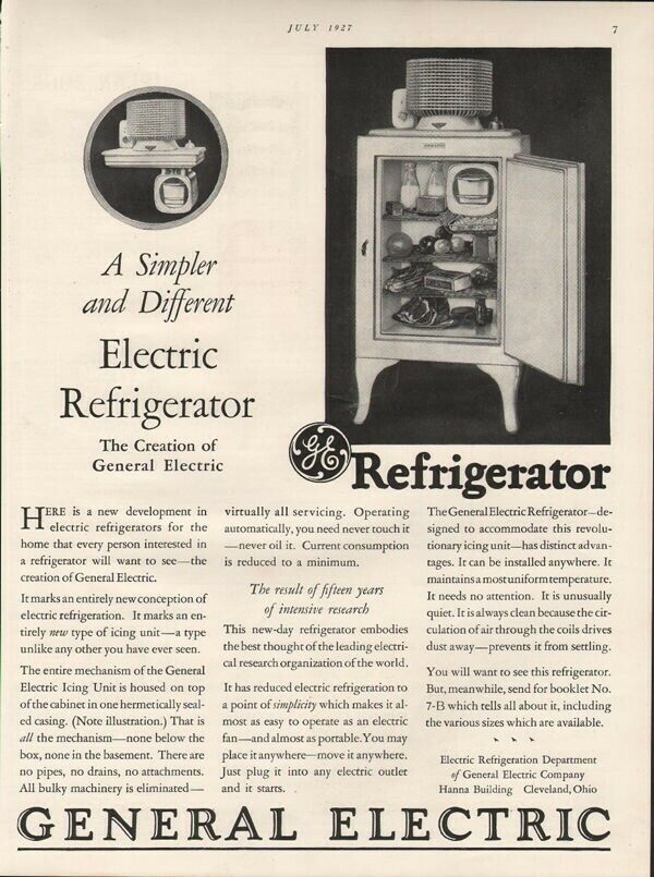 1927 GENERAL ELECTRIC REFRIGERATOR KITCHEN CLEVELAND COOLER APPLIANCE AD19046