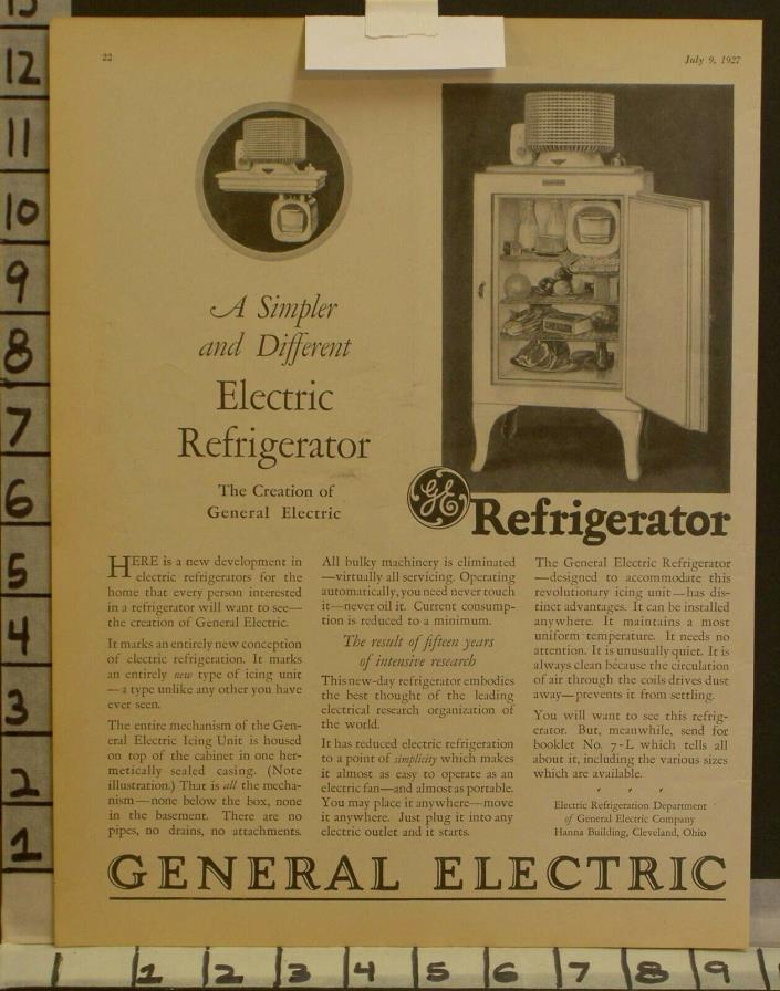 1927 GENERAL ELECTRIC TURRENT TOP REFRIGERATOR HOME KITCHEN DECOR ART AD -23317