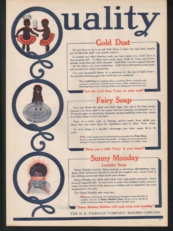 1911 FAIRBANKS GOLD ST FAIRY SOAP BLACK AMERICANA ETHNIC CHICAGO KITCHEN AD19707