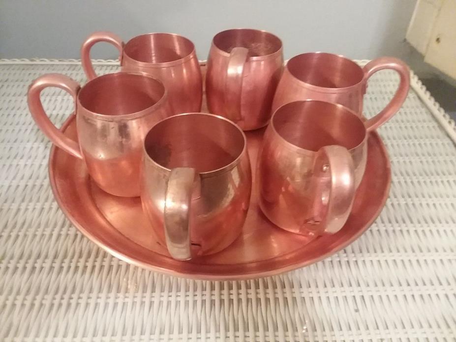 SOLID COPPER WEST BEND ALUMINUM CO. 6 MUGS AND PLATTER ANTIQUE GOOD COND!