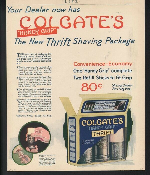1920 COLGATE SHAVE SOAP KIT RAZOR BOX DECO  HEALTH THRIFT STICK BARBER AD19571