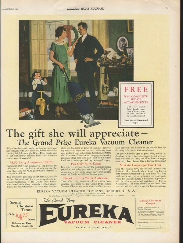 1924 EUREKA VACUUM CLEAN SUCTION APPLIANCE HOLIDAY DETROIT GIFT CHRISTMAS 21991