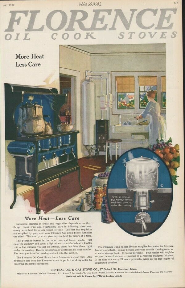 1920 FLORENCE OIL COOK STOVE APPLIANCE KITCHEN OPEN HEAT FOOD GARDNER AD19396