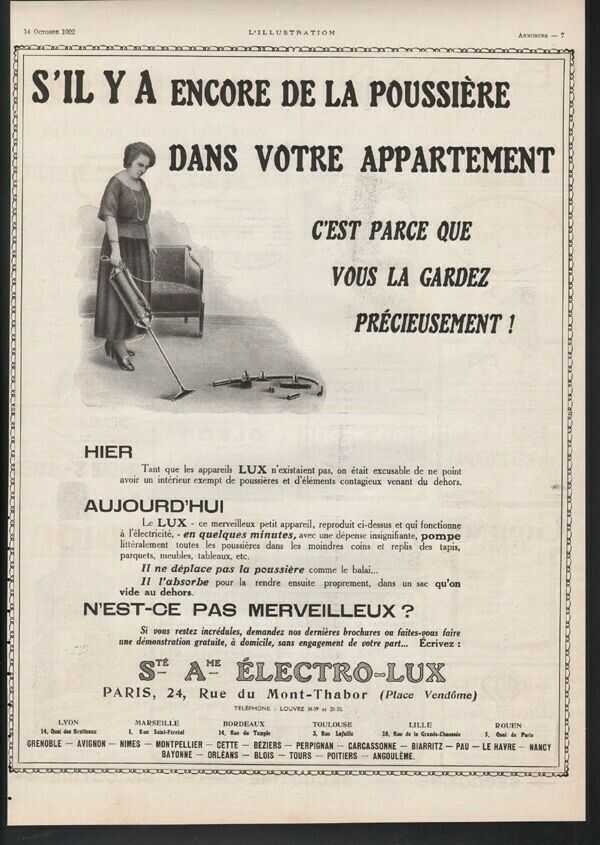 1922 ELECTRO LUX VACUUM CLEAN HOME APPLIANCE PARIS HEALTH SANITARY  21383