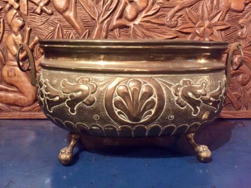 Antique Victorian Art Nouveau Deco Brass Repousse Clawfooted Jardinier Planter