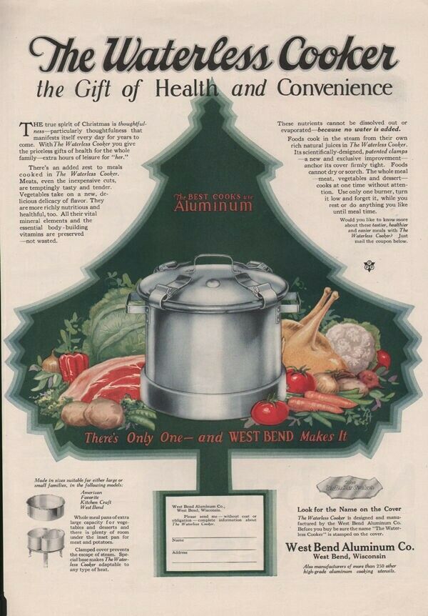 1928 WATERLESS COOKER ALUMINUM CHRISTMAS HOLIDAY WEST BEND WISCONSIN 17336