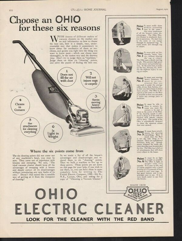 1921 OHIO ELECTRIC VACUUM CLEANER CHORE HOME CARPET AD15454