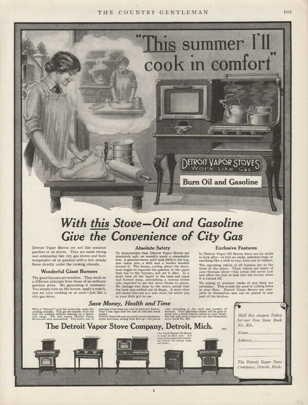 1916 VAPOR STOVE RANGE OVEN GAS COOK FOOD APPLIANCE DETROIT GAS BURN 19143