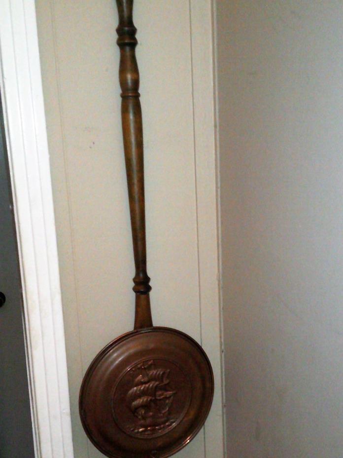 Antique VINTAGE  Copper BRASS BED WARMER with Sailing Ship on  it  