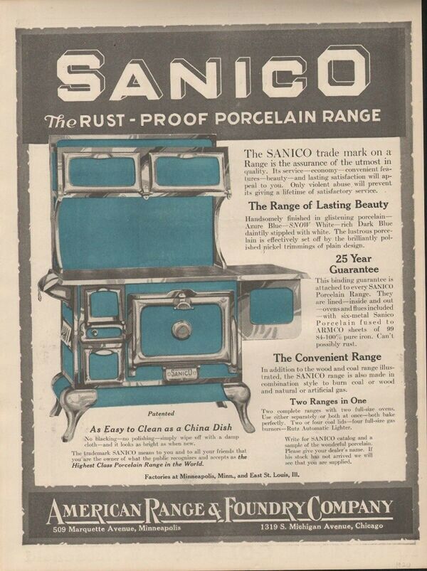 1920 AMERICAN RANGE FOUNDRY SANICO PORCELAIN RANGE STOVE COOK KITCHEN AD18999