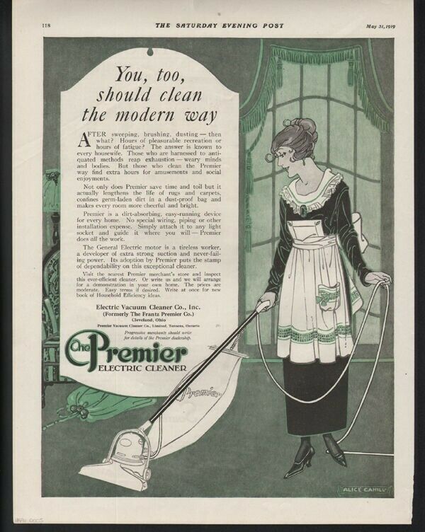 1919 PREMIER VACUUM CLEANER ELECTRIC CLEVELAND OH HOME DECOR ALICE CAHILL 19560