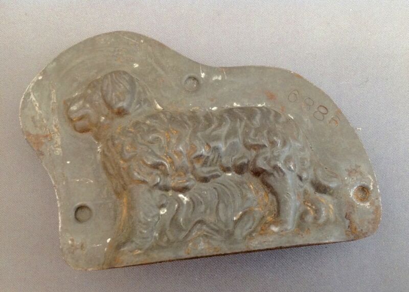 Unusual Antique Tin Candy Mold of Long Haired Dog 1920