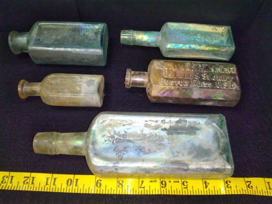 5 - Sea Recovered Shipwreck Glass Apothecary Medicine Bottles 1800's