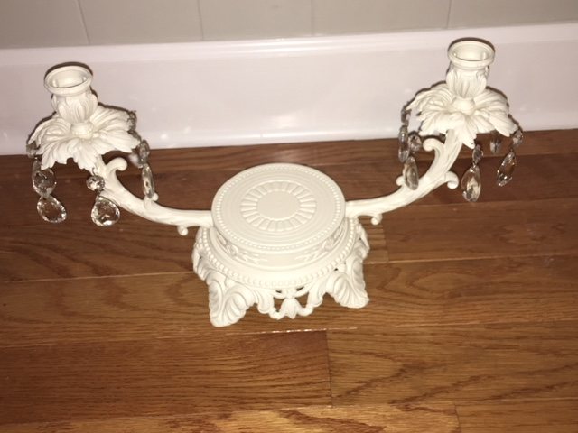 VINTAGE SHABBY CHIC STYLE METAL CANDLE HOLDER TWO ARM WITH GLASS PRISMS