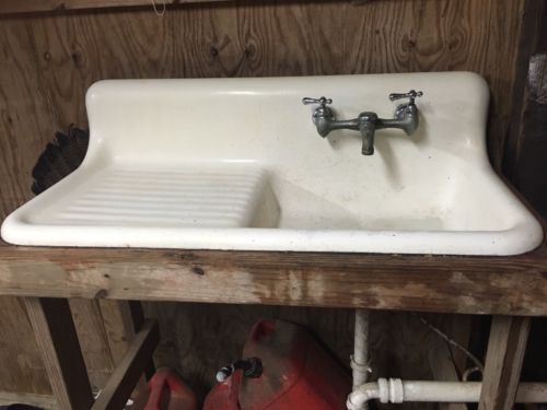 Vintage Porcelain Kitchen Sink Cast Iron Antique Single Drainboard Farm House