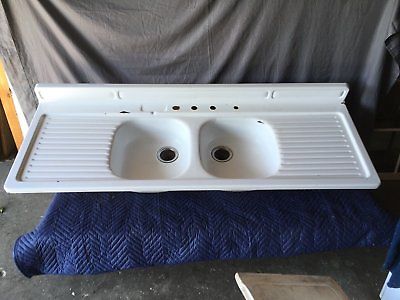 Vtg Mid Century Steel White Porcelain Double Basin Drainboard Farm Sink 21-19E