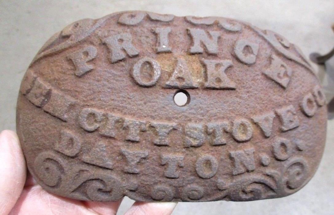 Antique Gem City Prince Oak Wood Parlor Stove Parts Name Plate Dayton Ohio >