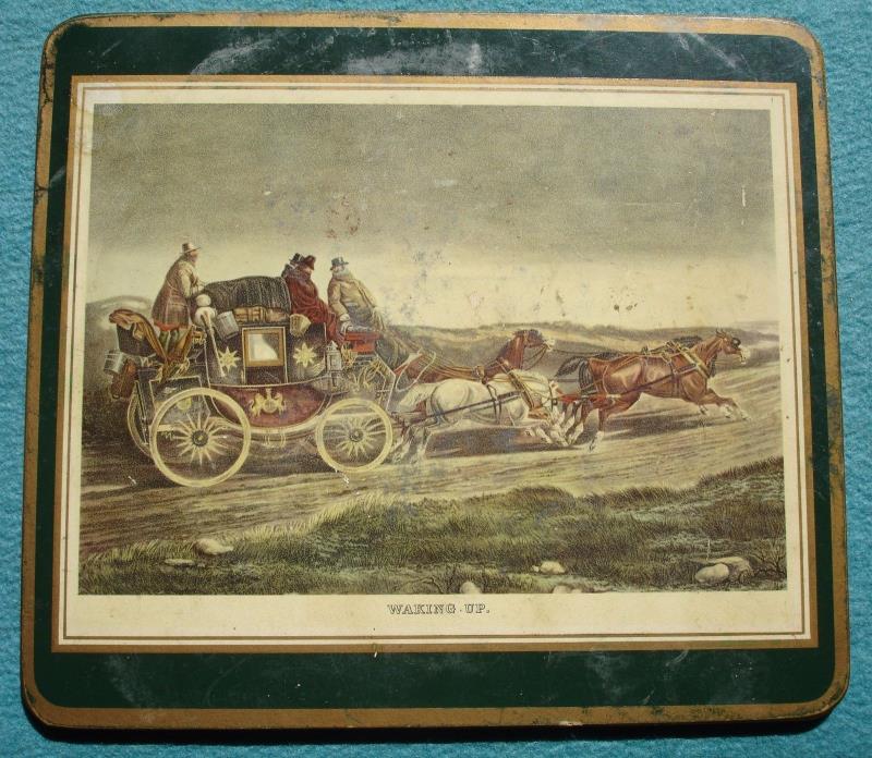 Ca 1950'sTrivet English Stagecoach WAKING UP Litho 4 Horses Coaster Pressed Cork