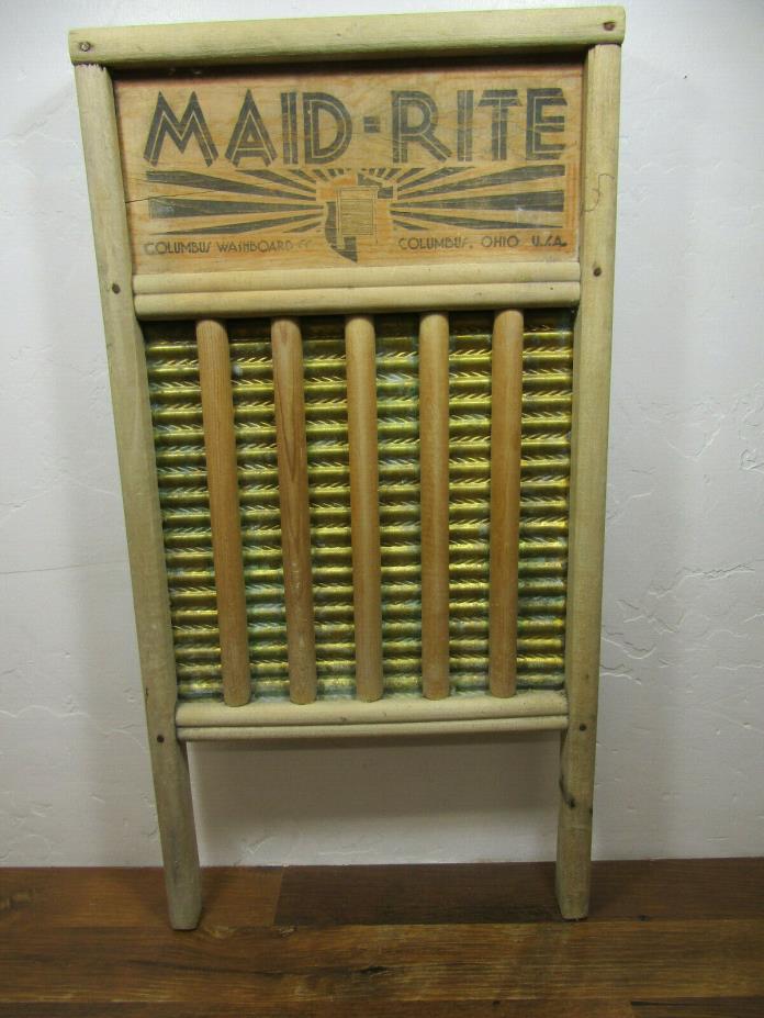 Vintage Old Antique Maid-Rite Family Size Wooden & Brass Washboard