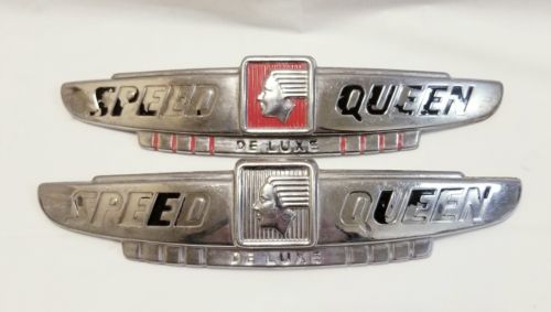 Lot of 2 Vintage Original Speed Queen Deluxe Washer Metal Nameplate Emblem Logos