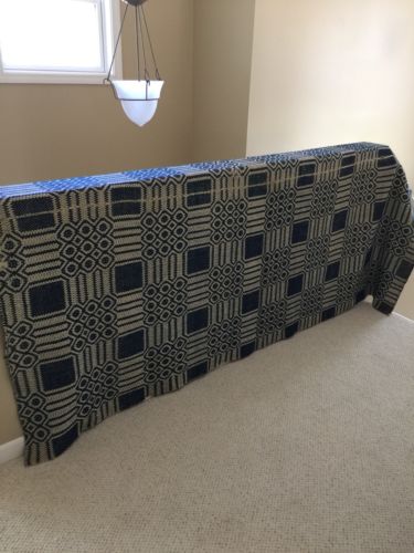 ANTIQUES NAVY BLUE & CREAM WOOL PATTERNED COVERLET, GOOD CONDITION TEXTILE