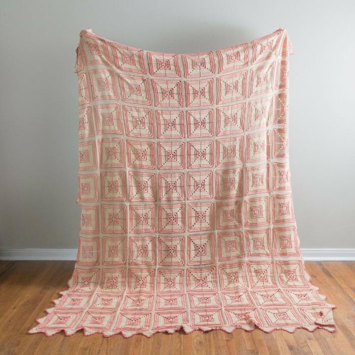 Antique Cream and Hot Pink Crochet Bedspread 1905 Hand Spun Cotton