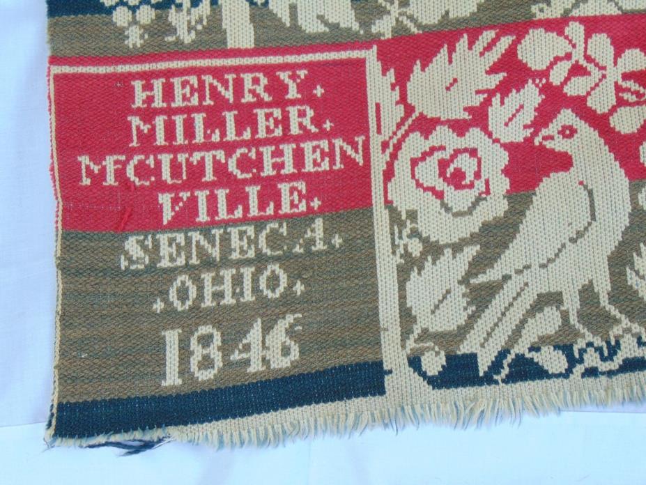 ANTIQUE 1846 HENRY MILLER SENECA OHIO WOVEN COVERLET BLACK RED GREEN BROWN
