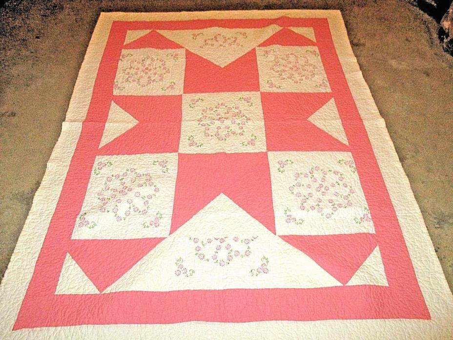 Hand Sewn Embroidery Machine Quilted Bed Spread Coverlet Twin