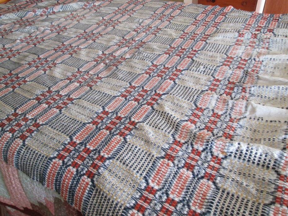 Antique Vtg Jacquard Overshot Coverlet Bedspread Woven Bed Cover Cutter Craft