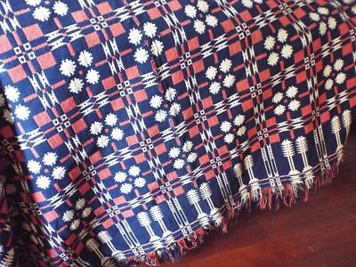 Gorgeous Primitive ANTIQUE Coverlet Blue/Red 2 Panel Quilt 75*84 Fringe
