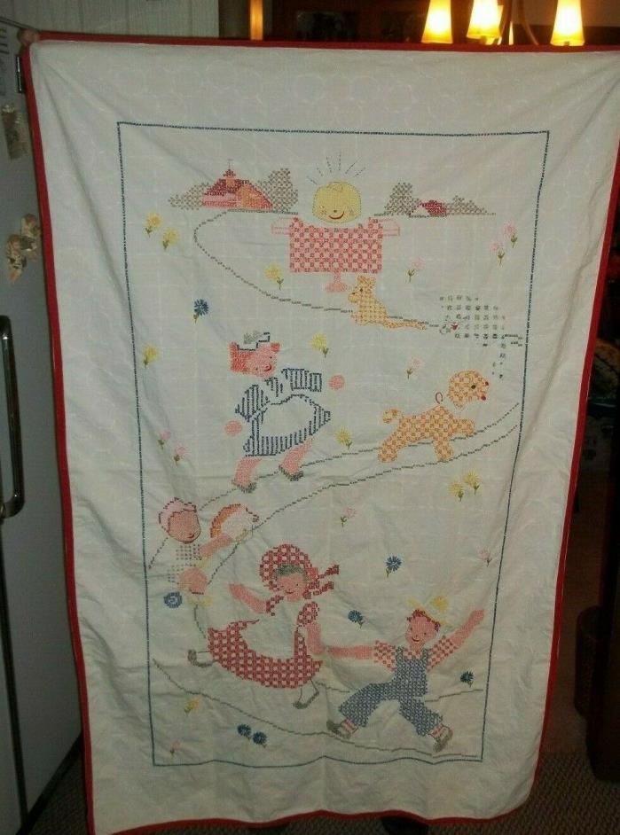 Youth's,Farm Style,Vintage,Bed Cover,Linen,Cross-Stitching,1960's,Very Good Cond