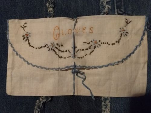 Antique Vintage Hand Embroidered LINEN Glove Keeper Pouch Envelope free shipping