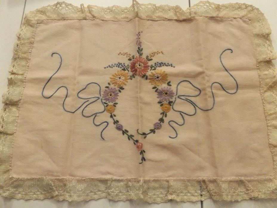 ANTIQUE HAND EMBROIDERED PILLOW COVER ~ LACE AROUND EDGES~EXCELLENT CONDITION